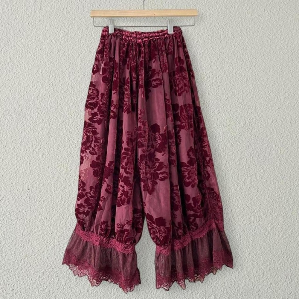 Free People Burgundy Velvet Floral Wide-Leg Lace Trim Pants - Picture 5 of 5